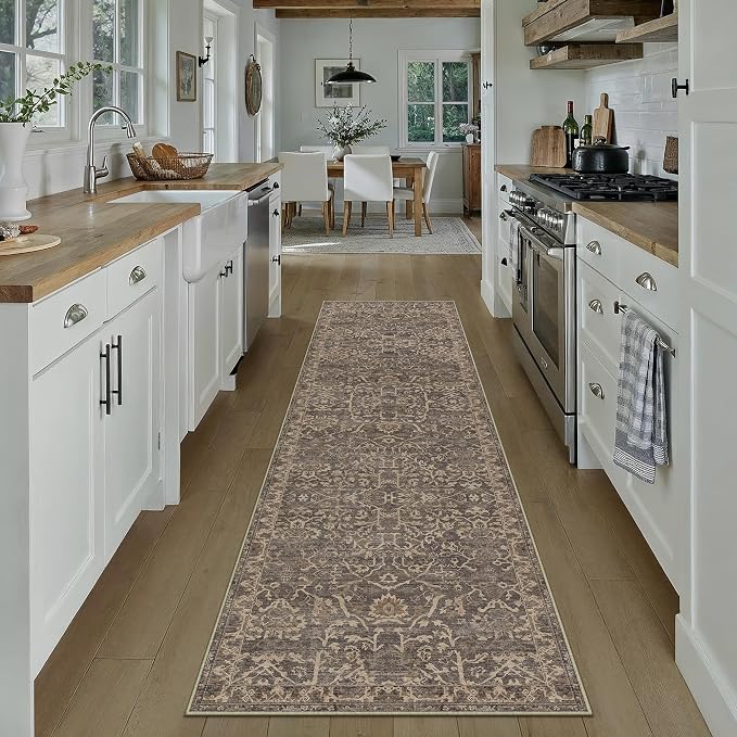 2x8 Brown Vintage Floral Washable Runner Rug for Hallway | Low Pile, Non Slip, Retro Style, Soft Distressed Indoor Rug for Entrance, Kitchen, Bedroom, Laundry Room, Home Decor