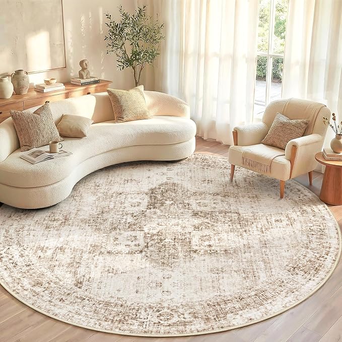 Round Rugs 6ft Washable Rug, Vintage Boho Medallion Rugs Non-Slip Soft Low Pile Circle Distressed Rug Indoor Retro Carpet for Living Room Bedroom Dining Room Home Office (Brown, 6' Round)