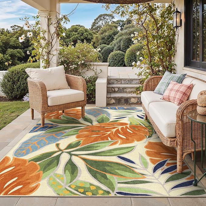 GENIMO Outdoor & Indoor Area Rug 6'x9', Waterproof, Non-Shedding, Easy Cleaning, Leaf Mat for Patio, Living Room, Balcony, Dining Room, RV, Deck, Bedroom, Camping, Outside Carpet, Rust Sage