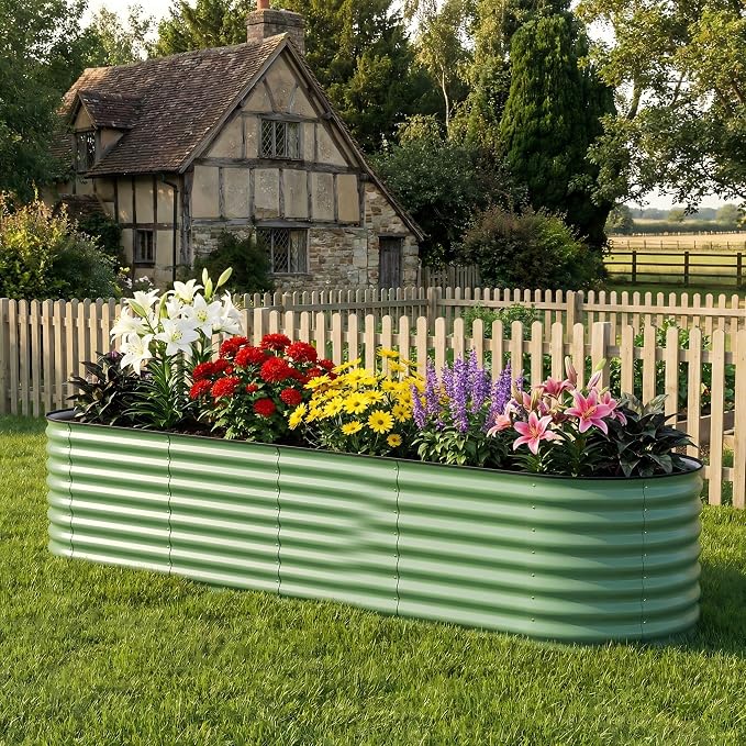 Garvee 8x2x2ft Galvanized Raised Garden Bed, Oval Metal Planter Box with Anti-Cut Safety Edges, 239 Gallons Rust-Resistant Deep Root Planter for Outdoor Vegetables, Flowers, Herbs, Beige