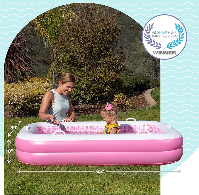 3-in-1 Premium Inflatable Kiddie Pool, Ball Pit & Tanning Pool, Soft Cushioned Floor, Handles, Drain, Shallow Rectangular Blow Up Swimming Pool for Kids, Small Backyard Tanning Pool - 65"x39"x10"