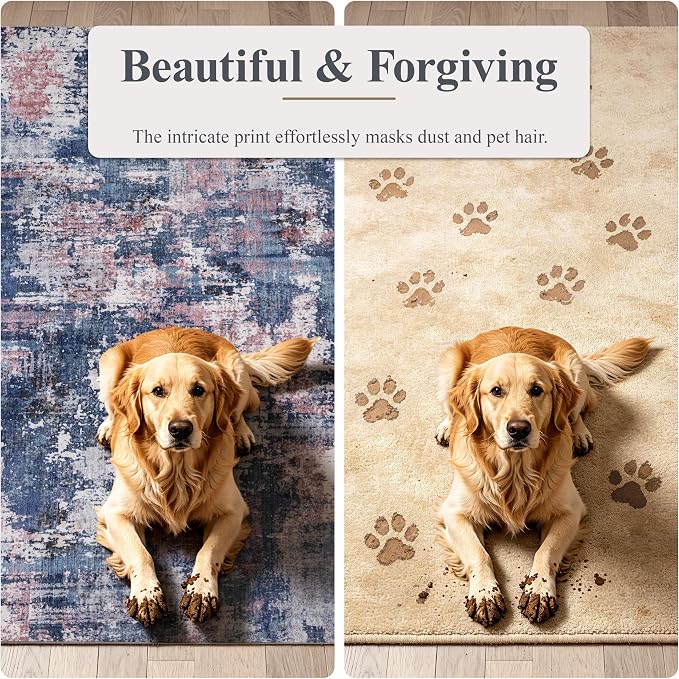 Sasttie 2x6 Runner Rug, Modern Abstract Hallway Carpet, Pink & Blue | Machine Washable, Ultra-Soft Faux Wool, Low Pile, Non-Slip, Thin, for Entrance, Entryway, Kitchen & Laundry Room