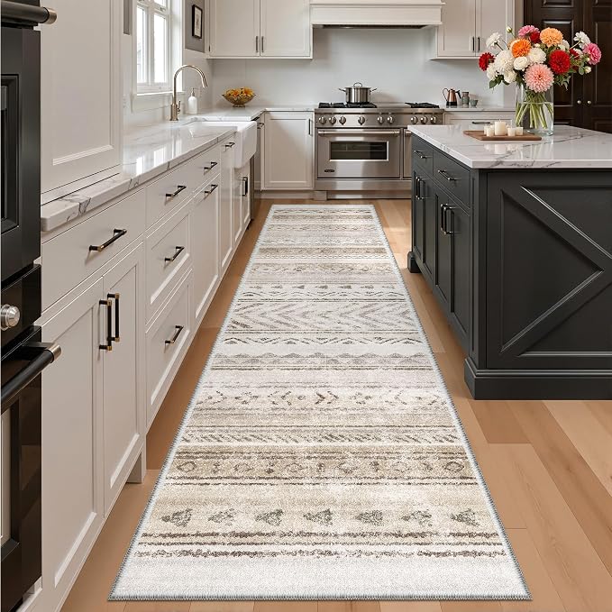 Art&Tuft 2x12 Runner Rug Non Slip, Washable Rug Runners for Hallways,Brown | Low Pile, Moroccan Soft & Lighweight, Folable, Stain Resistant 12ft Carpet Runners for Entryway,Kitchen,Living Room,Bedroom