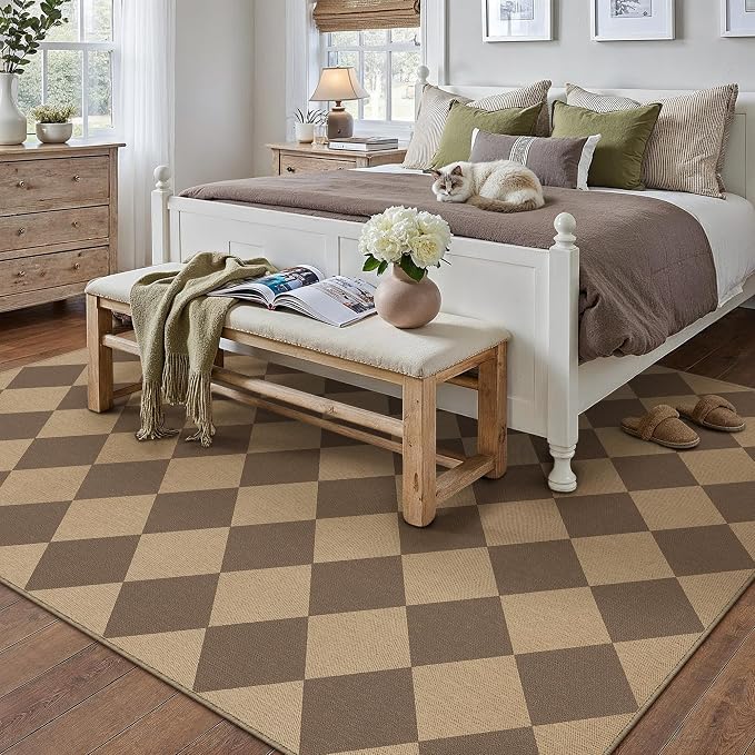 PureCozy 6x9 Checkered Easy Jute Area Rug for Living Room Large Checkerboard Washable Indoor Outdoor Carpet Farmhouse Patio Office Mat Geometric Non Slip Brown Carpet for Backyard Dining Room