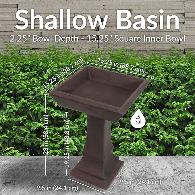 Sunnydaze 23” H Concrete Bird Bath for Outdoors - Simply Square Garden Bird Bath with Glass Fiber Reinforced Concrete Construction - Brown
