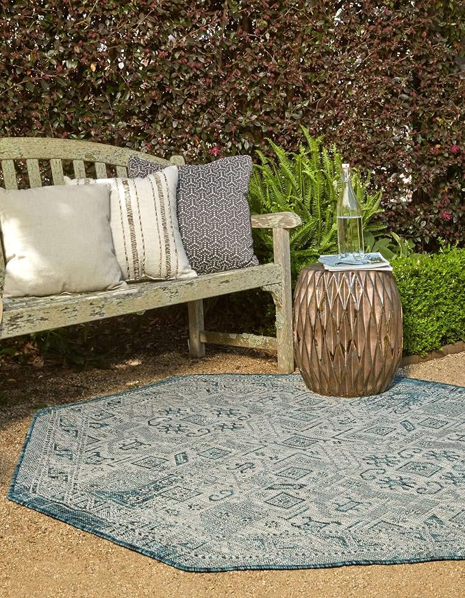 Unique Loom Outdoor Aztec Collection Area Rug - Coba (7' 10" Octagon, Teal/ Ivory)