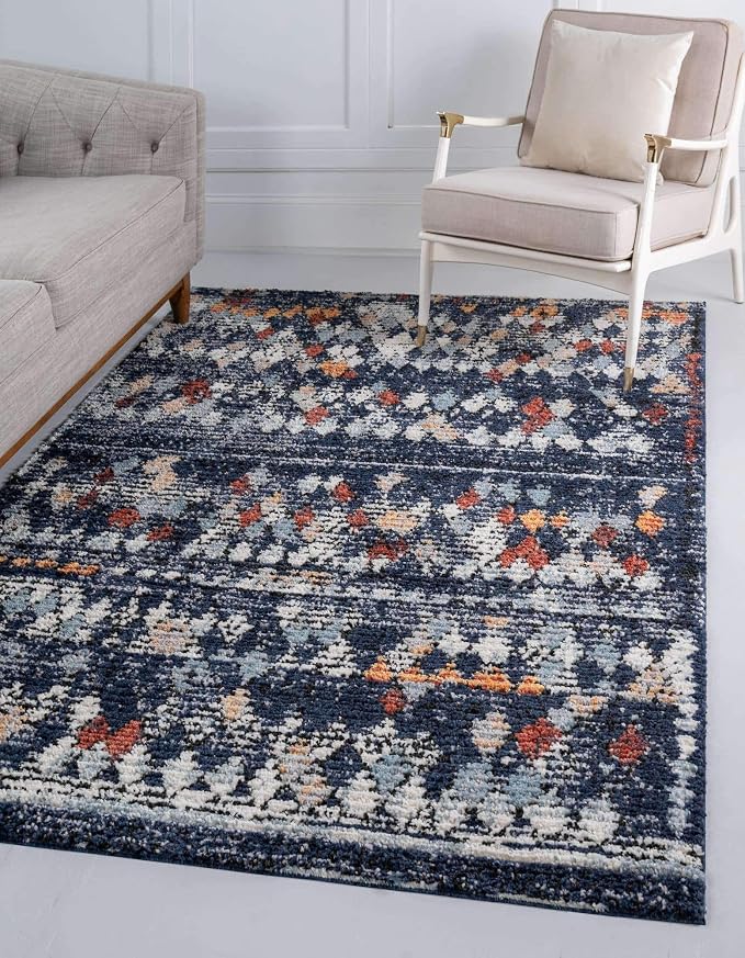 Unique Loom Morocco Collection Abstract Border, Diamond, Bohemian Area Rug (9' 0 x 12' 0 Rectangular, Navy Blue/Black)