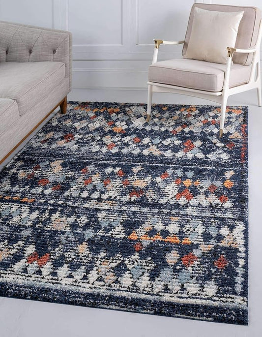 Unique Loom Morocco Collection Abstract Border, Diamond, Bohemian Area Rug (9' 0 x 12' 0 Rectangular, Navy Blue/Black)