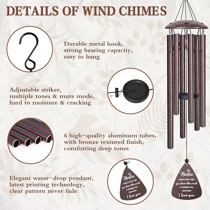Bestie for Women, 32" Bronze Wind Chimes, Best Friend Birthday Gifts for Women, Friendship Gift for Birthday, Unique Bestie Gift Ideas for Woman Female Bestfriend BFF, Home Decor