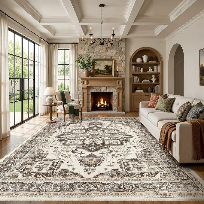Vintage Washable 10x14 Area Rug for Living Room, Dark Brown | Soft Low Pile Rug with Non-Slip Backing, Stain Resistant for Bedroom or Dining Room, Kid & Pet Friendly