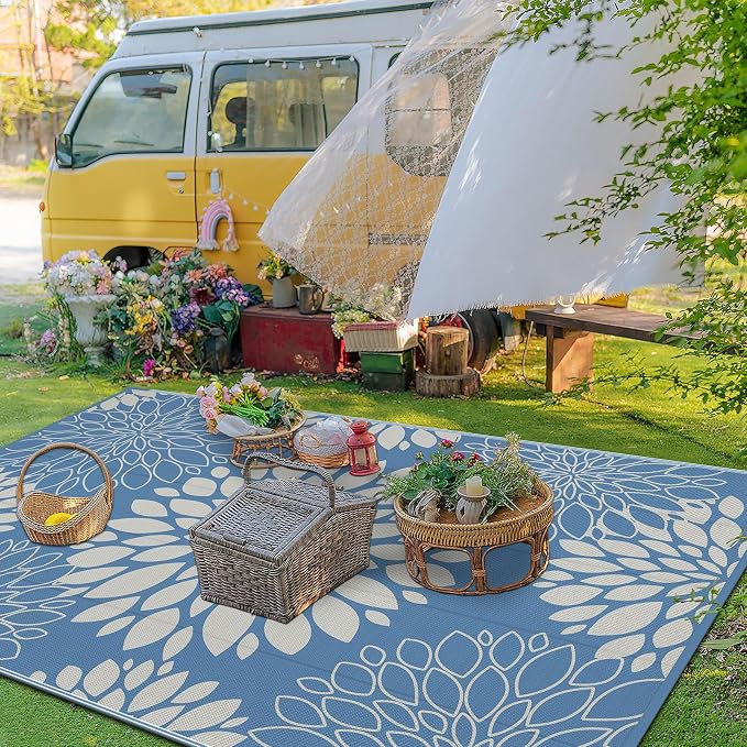 Ileading Waterproof Outdoor Rug 6x9, Reversible Plastic Straw Patio Rug, Portable Indoor Outdoor RV Camping Mat Carpet for Deck, Porch, Balcony, Backyard, Picnic, Floral Dusty Blue