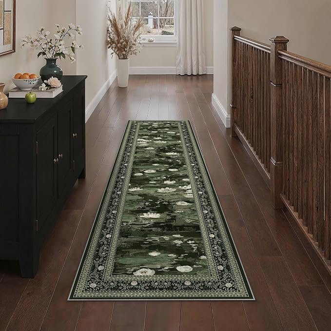 Green Runner Rug 2x6 Kitchen Vintage Floral Non-Slip Carpet | Machine Washable, Soft, Low Pile, Distressed, for Hallway, Entryway, Laundry Room, Impressionist Farmhouse Decor