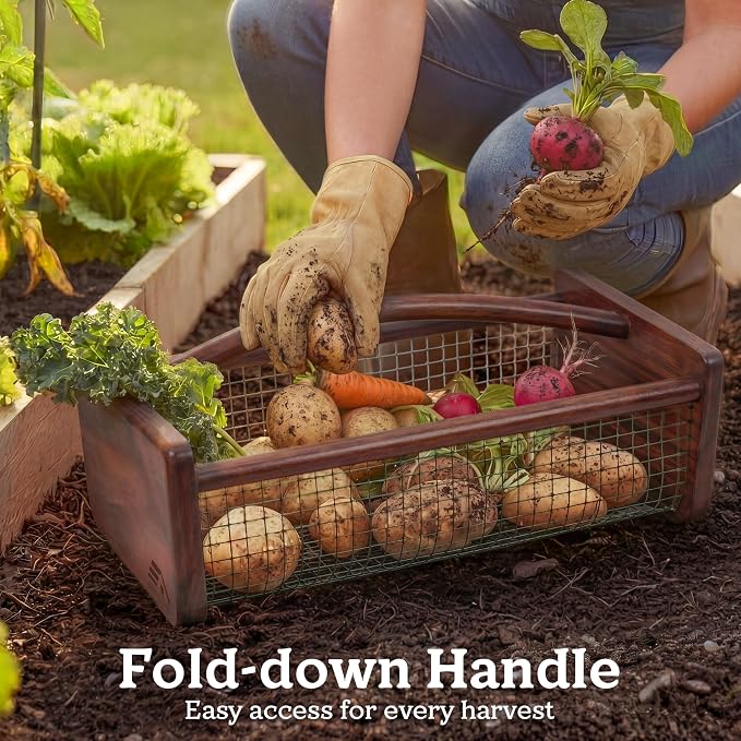 HOMESTEAD Garden Hod Harvest Basket, Durable Acacia Wood Frame with Rotating Handle, Farmhouse Basket for Home Improvement, Gardening, Farm, Kitchen, Indoor Outdoor Use, Brown