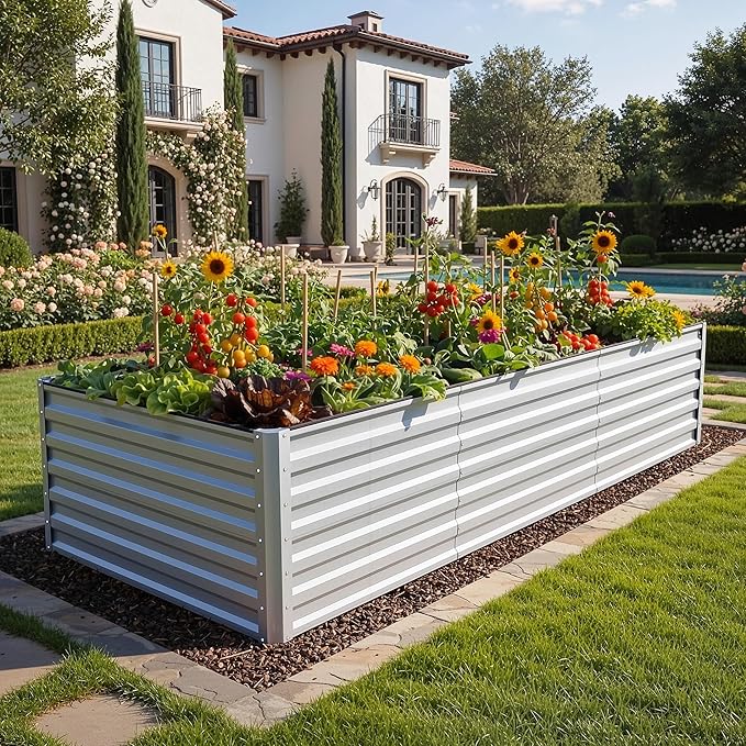 YITAHOME 8x4x2ft Large Raised Garden Bed Kit, Galvanized Metal Planter Box with Gloves, Support Rod, Outdoor Above Ground Planters for Plants Vegetables Flowers, Silver Gray