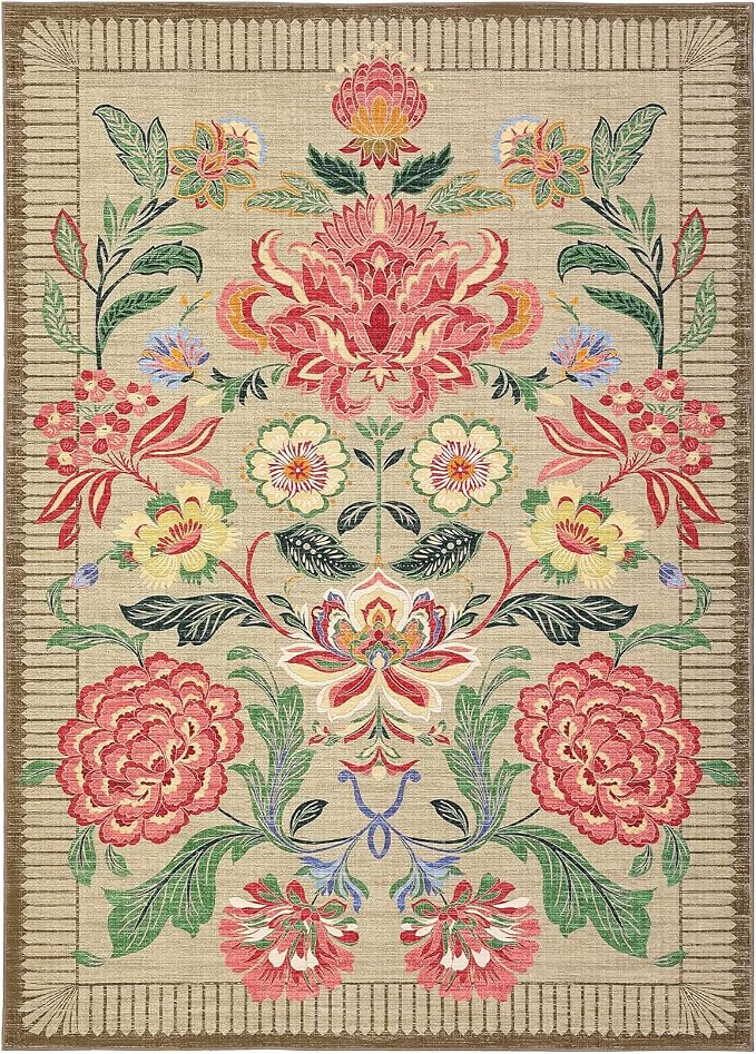 GarveeHome Floral Botanical Washable Rugs 5x7 Area Rug for Living Room, Camel Taupe Brown Vintage Boho Cottage Throw Rugs Low Pile Carpet for Bedroom Dining Nursery Rug
