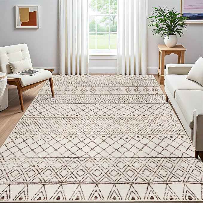 7x9 Geometric Beige Moroccan Washable Rug:Non Slip Area Rug Living Room | Pet Friendly Stain Resistant Carpets with Rubber Backing for Bedroom Soft Low Pile Modern Boho Rug