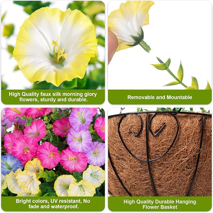 Artificial Fake Hanging Flowers Baskets for Outdoors Faux Plants Spring Outside Decor, UV Resistant Silk Morning Glory Flowers in Planter Realistic Petunias for Outdoor Porch Patio Garden Yard Home