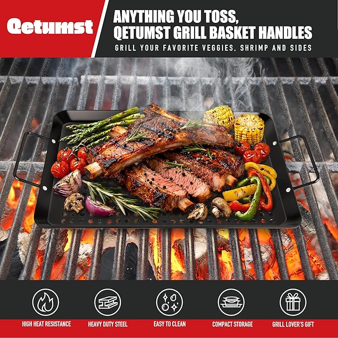 Qetumst Large 3 Piece Grill Basket Set for Outdoor Grill, Heavy Duty Veggie Grilling Pan with Riveted Handles, Warp Resistant Nonstick BBQ Accessories for Vegetables, Seafood & Meat