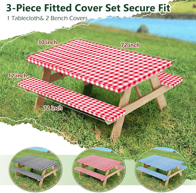 Picnic Table Cover with Bench Covers and Bag, Camping Essentials Camping Table Cover with Elastic Edges, 72x30 Inches 3 Pcs Set (Red)