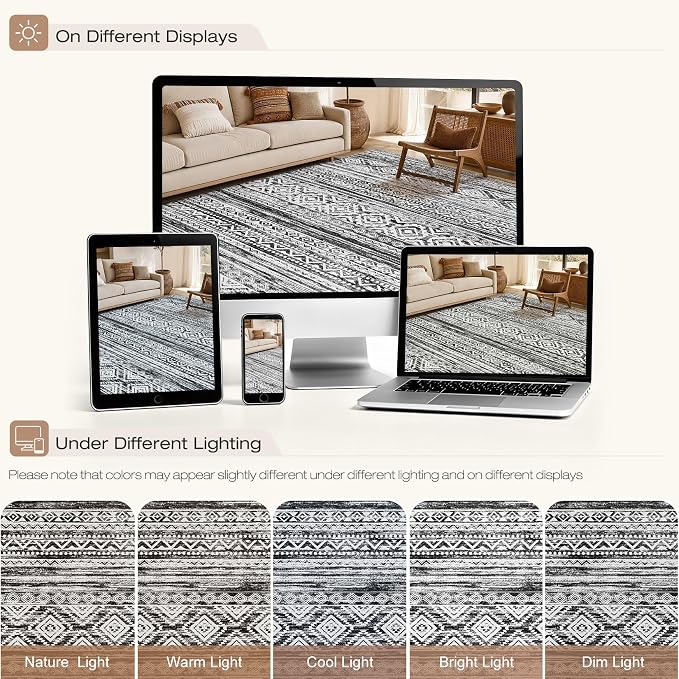 cotiled 6x9 Area Rugs for Living Room: Boho Washable Rug for Dining Room | Solve Modern Neutral Trendy Home Decor - Stain Resistan Indoor Soft Carpet for Bedroom Nursery White Black