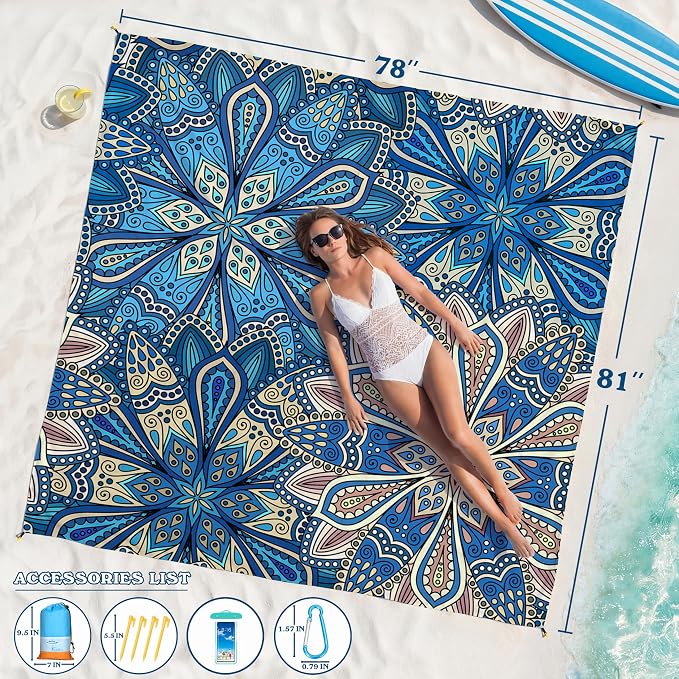 Famstar Beach Blanket Oversized Extra Large 78"X81"/10'X9',Waterproof Sandproof Beach Blanket 2-8 Adults Lightweight Durable for Travel Camping Hiking Picnic