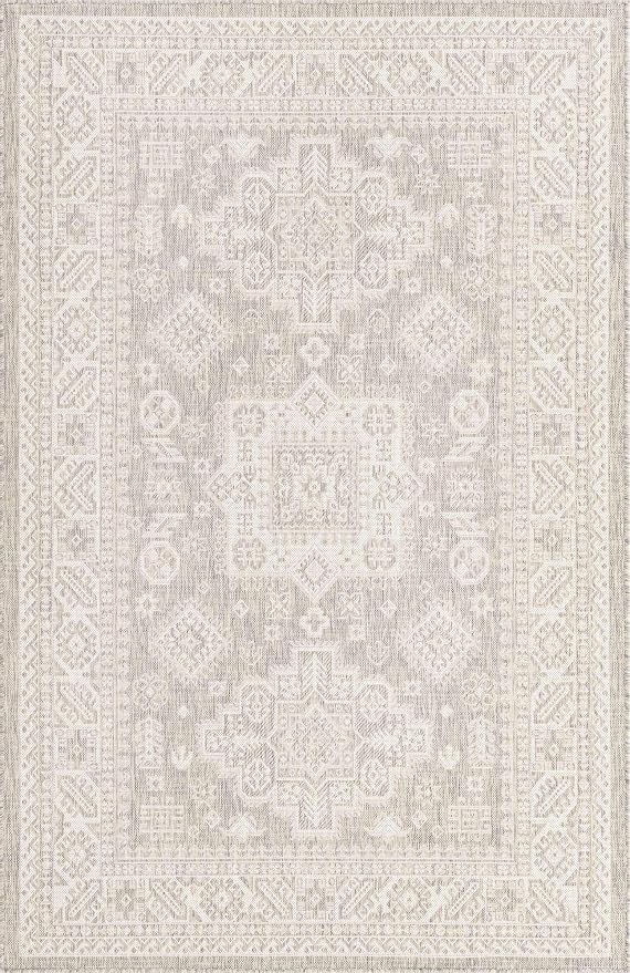Unique Loom Outdoor Aztec Collection Area Rug - Chalca (5' 3" x 8' 0" Rectangle, Light Gray/ Ivory)