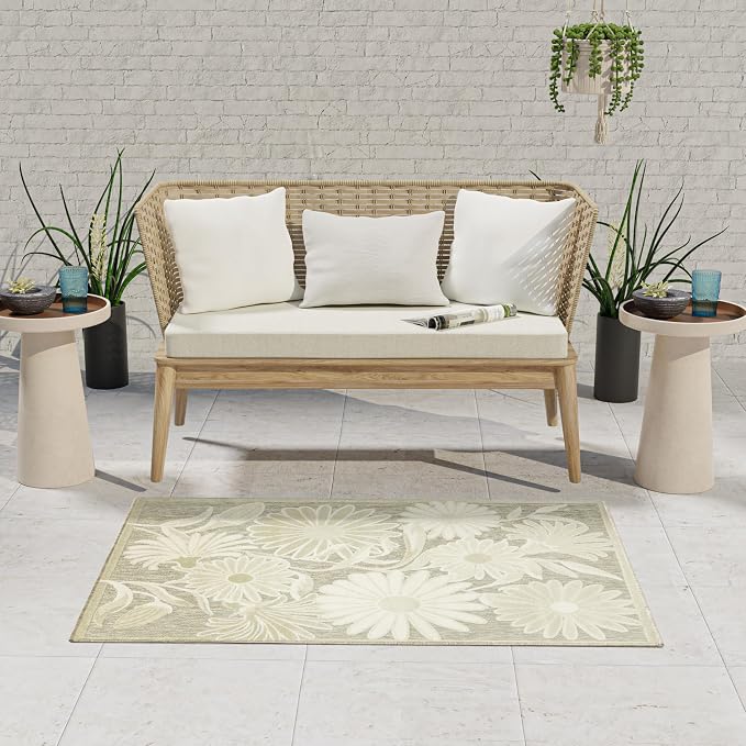 Nourison Home Aloha Ivory Sage 2'8" x 4' Area Rug - Easy Clean, Non Shedding, Bed Room, Living Room, Dining Room, Kitchen (3' x 4')