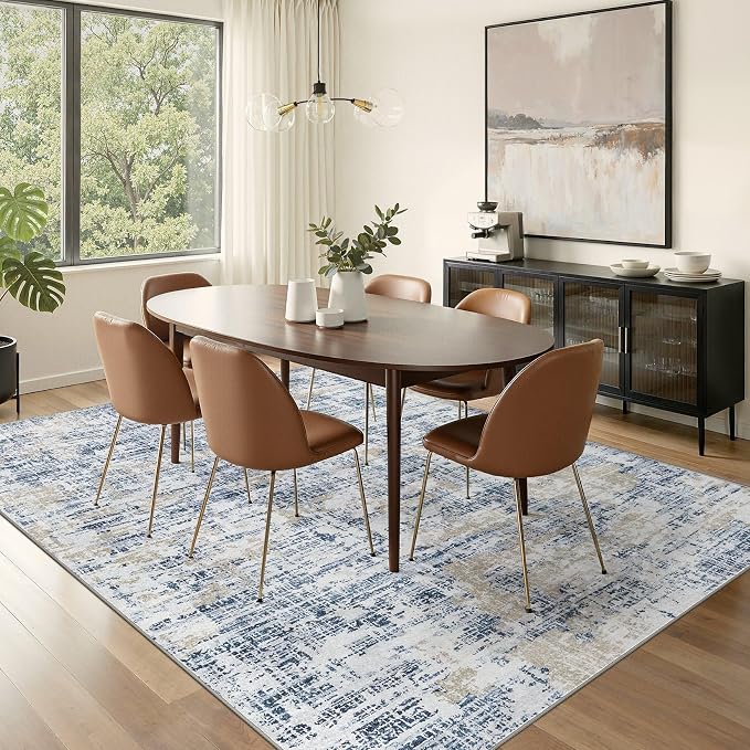 Nakagishi 6X9 Abstract Washable Area Rugs for Living Room-Blue Golden | Modern Non-Slip Silicone Backing Low Pile Soft Carpet for Bedroom Dining Decor Ideal for Families with Kids and Pets