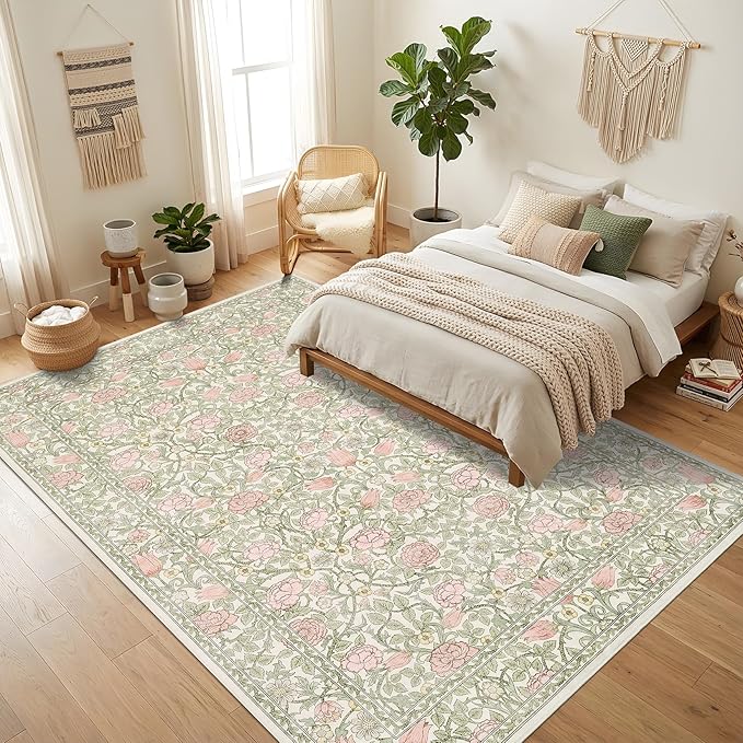 GarveeHome Pink Green Beige Floral Washable Rug 5x7 for Bedroom Living Room | Girls Dorm Nursery Office Rug Vintage Boho Rugs Low-Pile Non-Slip Stain Resistant TPE Backing