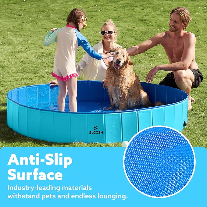SLOOSH Foldable Dog Kiddie Pool - Portable Hard Plastic Doggie Swimming Pool, Anti-Slip Collapsible Pets Bath Tub Suitable for Kids Toddler Indoor Outdoor Backyard Use (Blue, 71" x 12")