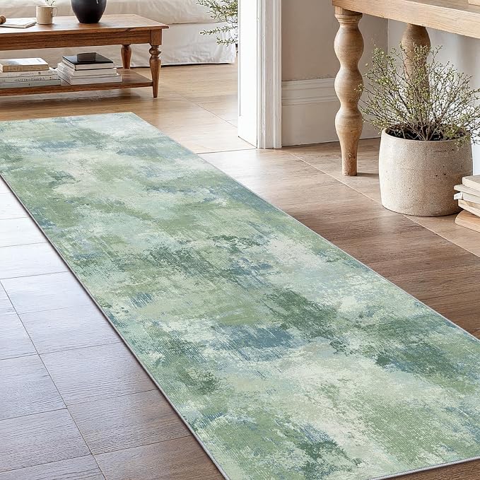 Runner Rugs for Hallway 2'6"x8', Modern Abstract Machine Washable Runners for Kitchen Entryway Bathroom Bedroom, Low Pile Lightweight Thin Non Slip Runner Rug, Green
