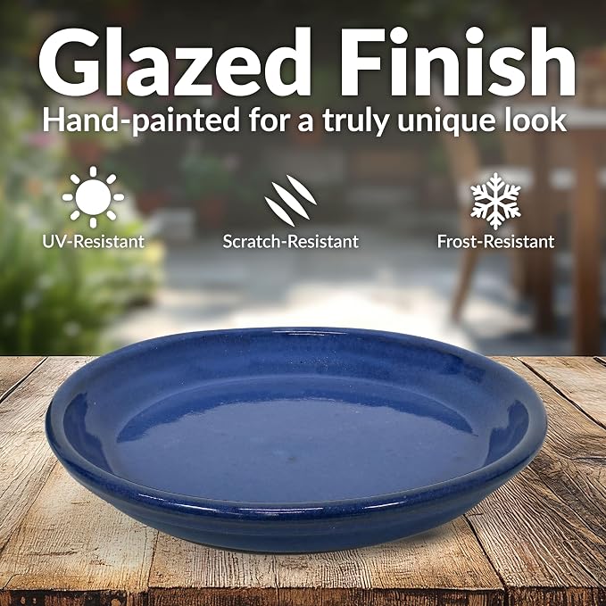 Sunnydaze 9-Inch Ceramic Plant Saucers - Plant Drip Trays for Outdoor Planter Flower Pot Drainage - Set of 2 - Imperial Blue