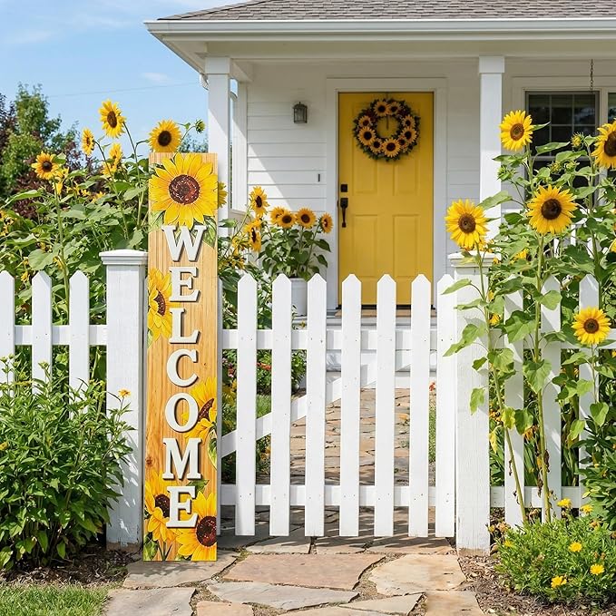 Vertical Wood Welcome Sign for Front Porch Vertical Decorative Sign Front Door Outdoor Indoor Welcome Sign 47.2x7.8 Inch Sunflower Outdoor Decor for Summer Front Porch Decorations.