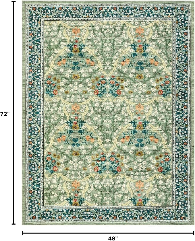 GarveeHome 4x6 Washable Area Rug for Living Room, Floral Large Entryway Kitchen Rug Non Slip, Ultra Soft Stain Resistance Carpet for Bedroom Laundry Room, Sage Green