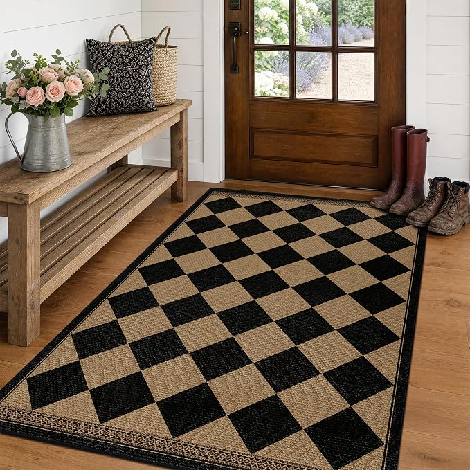 Black & Brown Checkered Easy Jute Outdoor Rug 4x6 for Porch Patio, Washable Non-Slip Diamond Checkerboard Entryway Office and Backyard Boho Border Rug, Farmhouse Low Pile Indoor Carpet for Living Room