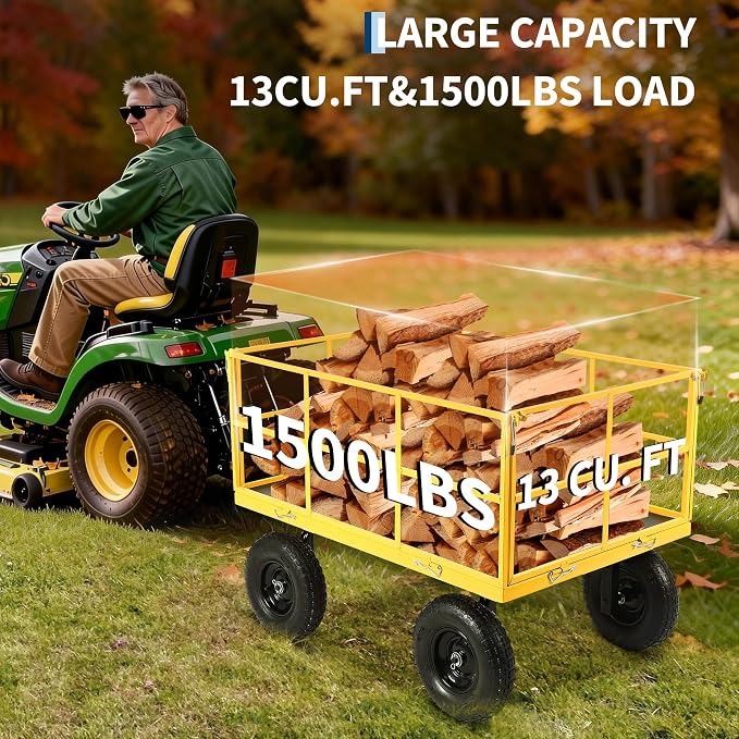 Garvee 1500 LB Heavy Duty Garden Wagon Cart, Outdoor Metal Utility Trailer | 13 in All Terrain Tires, 3-in-1 Yard Wagon Cart with Removable Side Panels for Outdoor Lawn, Yard, Backyard