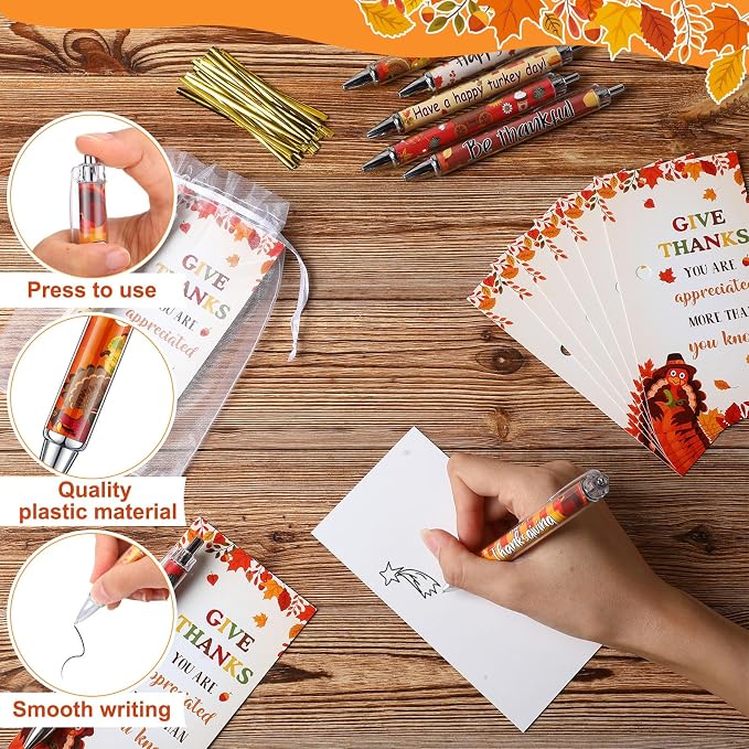 Marspark 30 Sets Fall Gifts Bulk Thanksgiving Ballpoint Pens and Thankful Maple Greeting Cards Set with Bags Twist Ties Autumn Holiday Appreciation Gifts Office Thanksgiving Party Favors