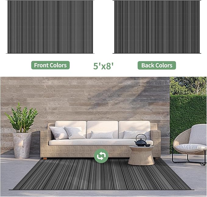 GENIMO Outdoor Rug for Patio Clearance, 5'x8' Reversible Plastic Straw Rugs, Lightweight Waterproof RV Camping Mat for Camper, Balcony, Deck, Backyard, Picnic, BlackGray