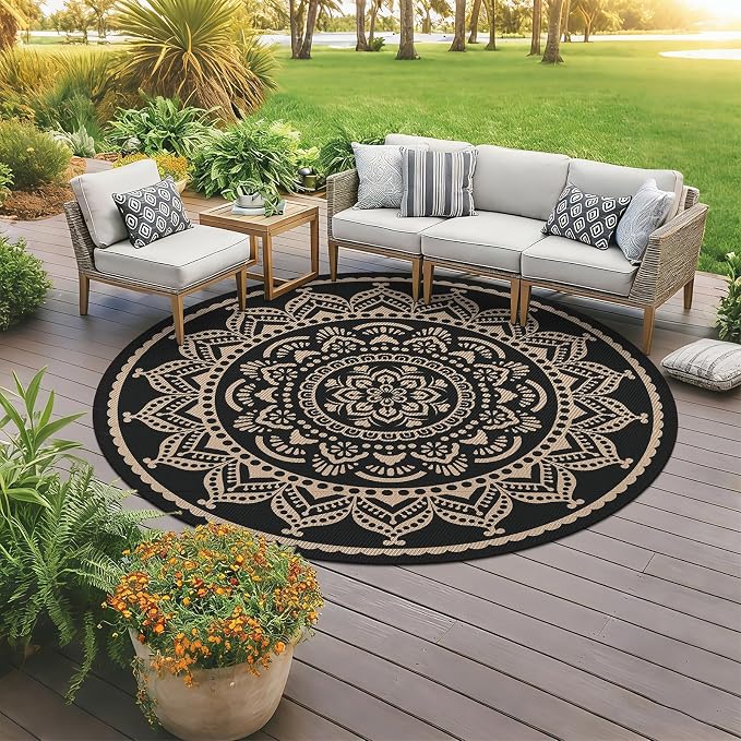 Bsmathom Waterproof Outdoor Rug, 8ft Round, Black | Reversible, Boho Plastic Straw, Portable RV Mat, For Patio, Deck, Camping, Porch, Balcony, Backyard, Beach, Pool