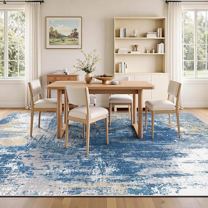 8x10 Rugs for Living Room - Modern Abstract Washable Rug, Ultra Soft Non Slip Low Pile Large Rugs, Floor Carpet for Bedroom Dining Room Office Laundry Nursery Home(Blue & Beige)