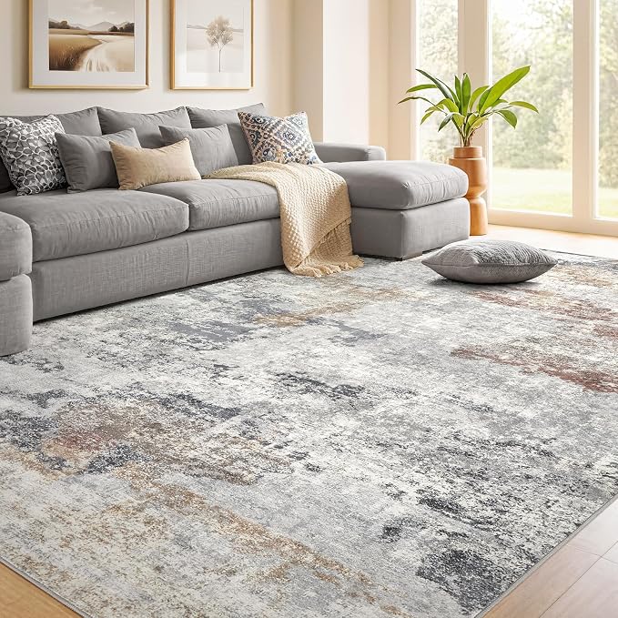DMOYEST 7x9 Area Rug for Living Room Washable Abstract Indoor Carpet | Neutral Modern Low Pile Rugs Kid & Pet Friendly Large Soft Thin Carpet for Bedroom Dining Room - Grey/Orange/Yellow