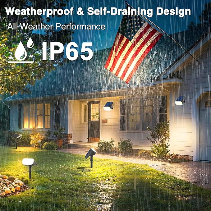 JEJOT Solar Lights Outdoor Waterproof IP65, Super Bright LED with Lens, 3000K 2 Lighting Modes, Solar Powered Yard Garden Solar Spot Lights for Outside Landscape Auto On/Off -4 Pack