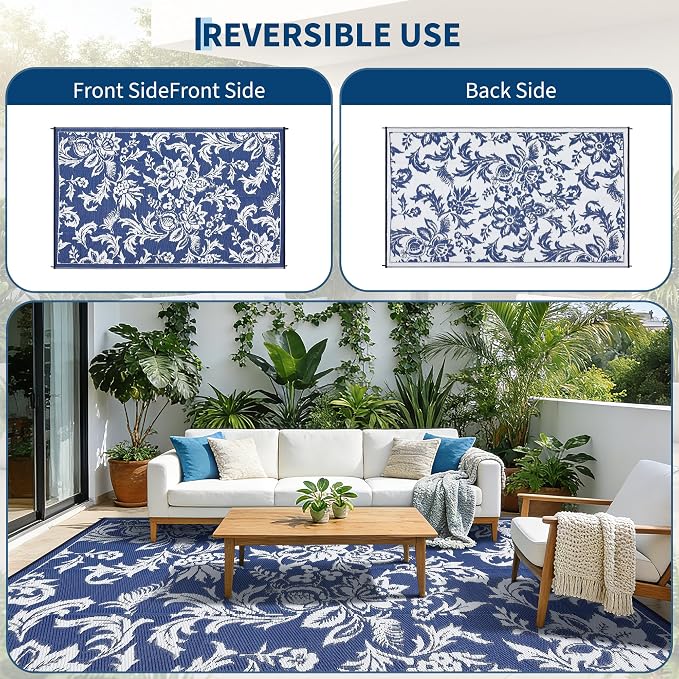 IDEALHOUSE Waterproof Outdoor Rug 8x10 for Patio, Foldable Reversible Area Rug, Large Plastic Straw Mat for Camping, RV, Porch, Backyard, Picnic, Beach, Blue & White