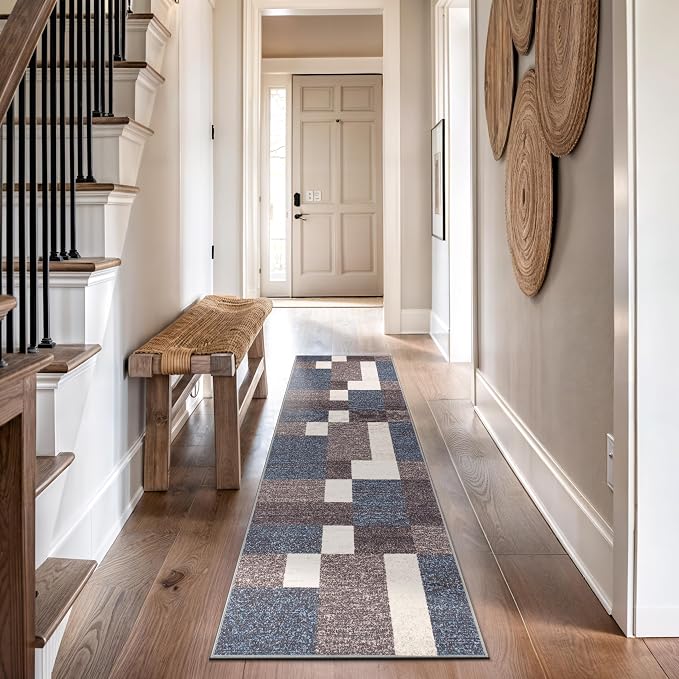 Rugshop Modern Boxes Non-Slip Living Room Kitchen Runner Rug Blue 2' x 10' | Runner, Size 2' x 10', Bedroom, Dining Room, Home Office, Entryway, Hallway, Nursery, Kids Room, Guest Room
