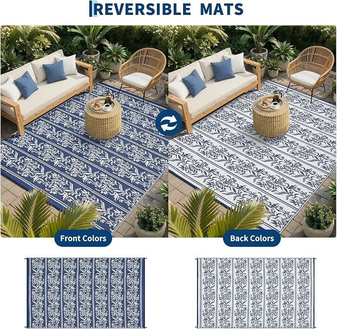 Garvee Outdoor Rugs 9x18 Waterproof Reversible Mat Boho Leaf Patio Rug with 4 Stakes and Starage Bag, Large Outdoor RV Mat Rugs for Camping, Picnic, Balcony, Deck, Backyard, Navy Blue & White