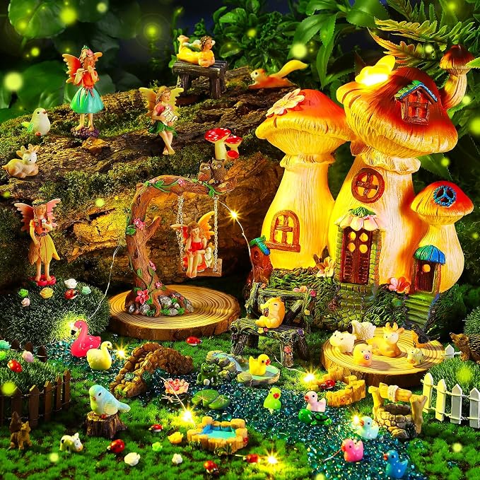 100 Pcs Fairy House Garden Kit Accessories Miniatures Fairy Figures Gnomes Mushroom House Solar Light Resin Dwarfs Statue Micro Landscape Ornaments for DIY Yard Outdoor Decoration