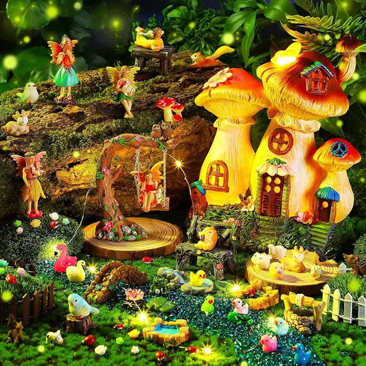 100 Pcs Fairy House Garden Kit Accessories Miniatures Fairy Figures Gnomes Mushroom House Solar Light Resin Dwarfs Statue Micro Landscape Ornaments for DIY Yard Outdoor Decoration