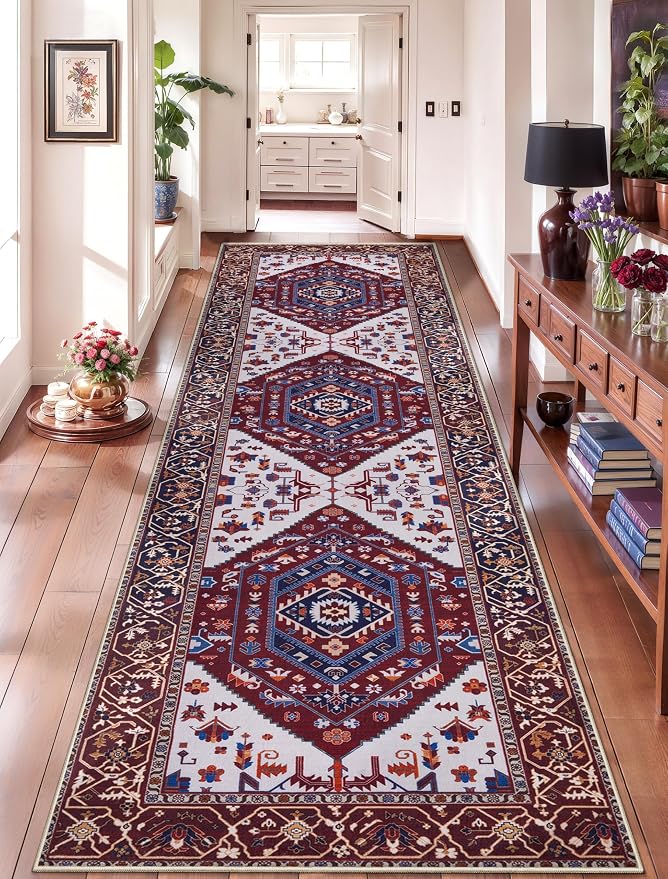 SERISSA 2'6"x10' Washable Non Slip Boho Runner Rug for Hallway | Ultra Soft Vintage Oriental Carpet Low-Pile Burgundy Navy Floor Carpet for Kitchen Bedroom Bathroom Laundry Room
