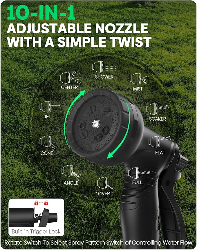 BlueGarden Metal Garden Hose 100 ft with 10 Function Nozzle,No Kinking,Flexible,Heavy Duty & Lightweight Water Pipe,Stainless Steel Outdoor Water Hose for Yard and Lawn,Non-Expandable 100 feet