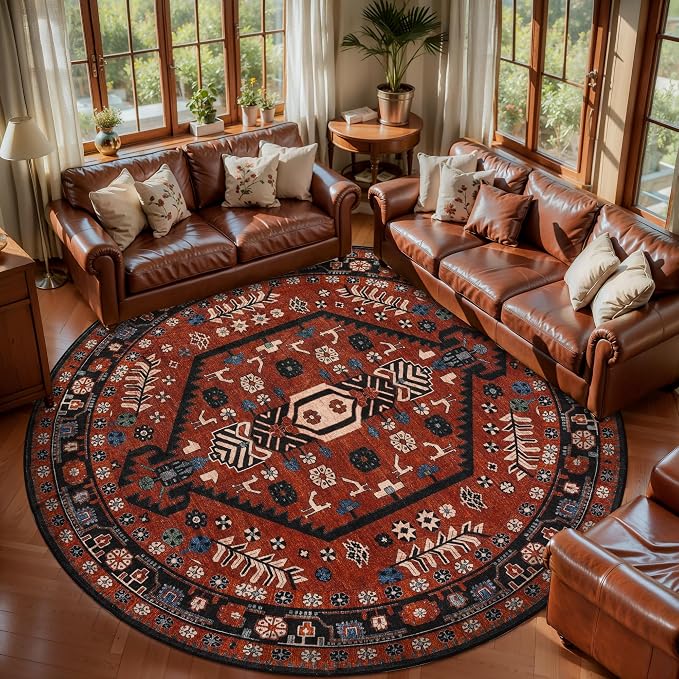 Ciicool 6ft Round Area Rug for Bedroom,Washable Large Circle for Kitchen | Vintage Non-Slip Low-Pile Oriental Indoor Red/black Mat Soft Boho Entry Carpet for Entryway Bedside Living Room Dining Room